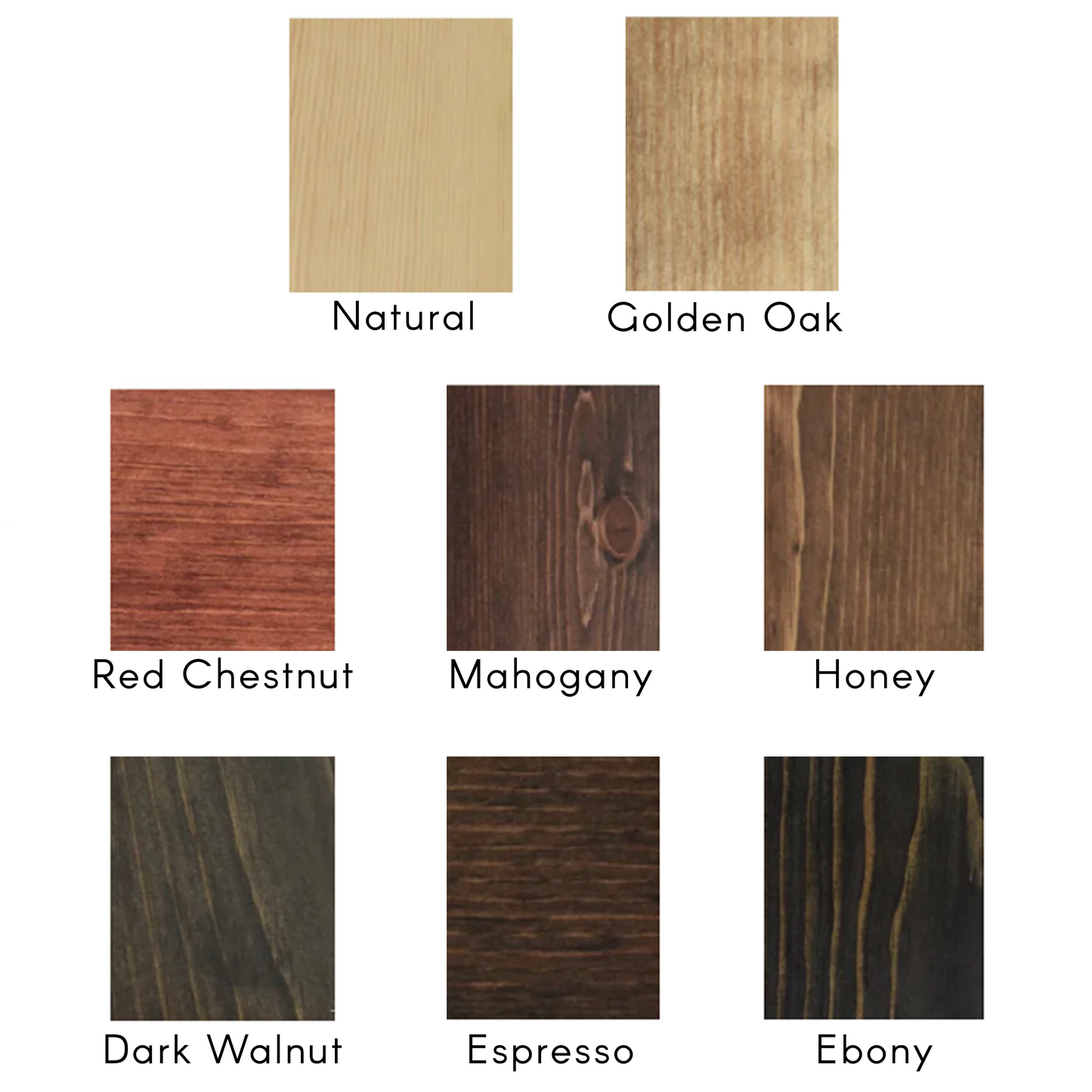 Wood stain swatches on a white background - Natural, Golden Oak, Red Chestnut, Mahogany, Honey, Dark Walnut, Espresso, Ebony