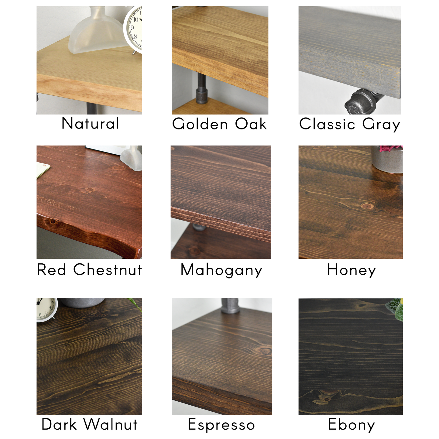 Handmade furniture industrial pipe, stain swatches show various products with stain colors natural, golden oak, classic gray, gunstock, red chestnut, mahogany, honey, dark walnut, espresso, ebony