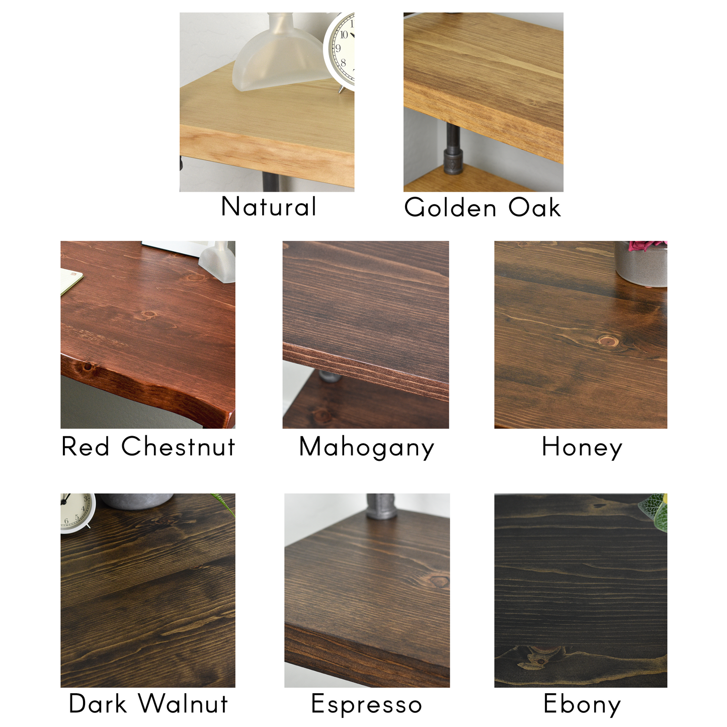 Handmade furniture industrial pipe, stain swatches show various products with stain colors natural, golden oak, classic gray, red chestnut, mahogany, honey, dark walnut, espresso, ebony