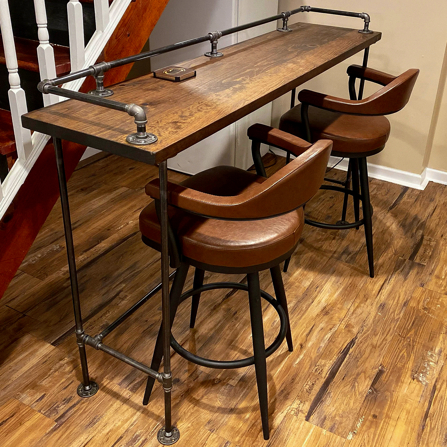 Industrial pipe style wood bar table 42 inch tall, dark walnut stain