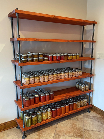 60 inch wide by 14 inch Deep Industrial Style Bookcase in stain Gunstock, handmade by JT Industrial Designs in Texas USA, small family business. Shelves are 6 shelves high to be 75 inches tall and wide depth allows pantry storage of canned foods and jars of different heights