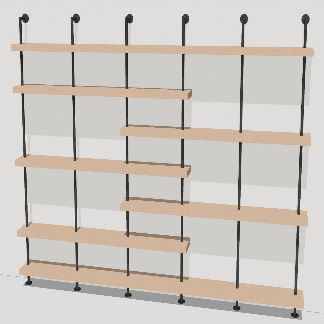 Wooden shelf with black metal brackets against a white background
