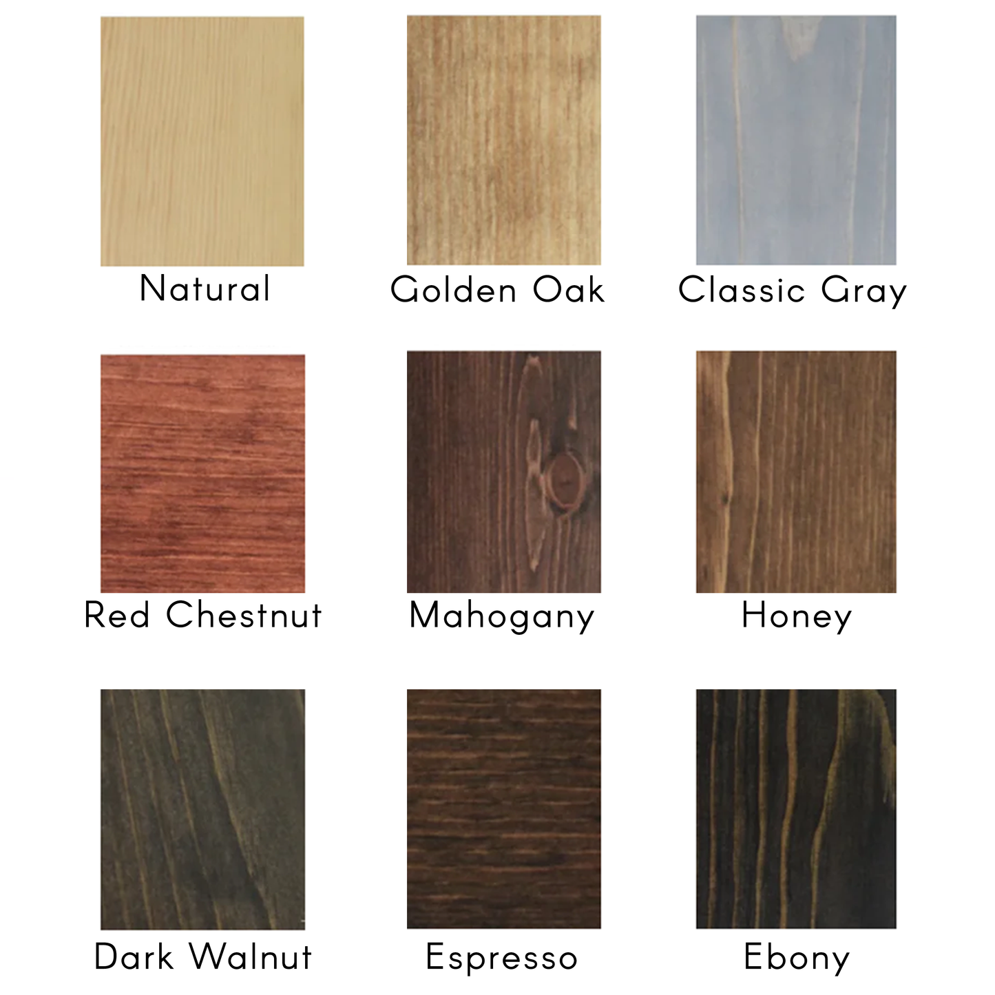 Wood stain swatches on a white background - Natural, Golden Oak, Classic Gray, Red Chestnut, Mahogany, Honey, Dark Walnut, Espresso, Ebony