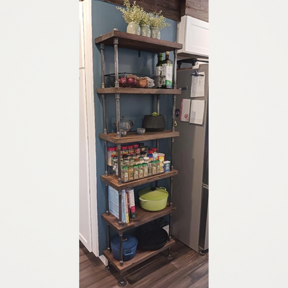 Wooden shelf with various items against a kitchen wall