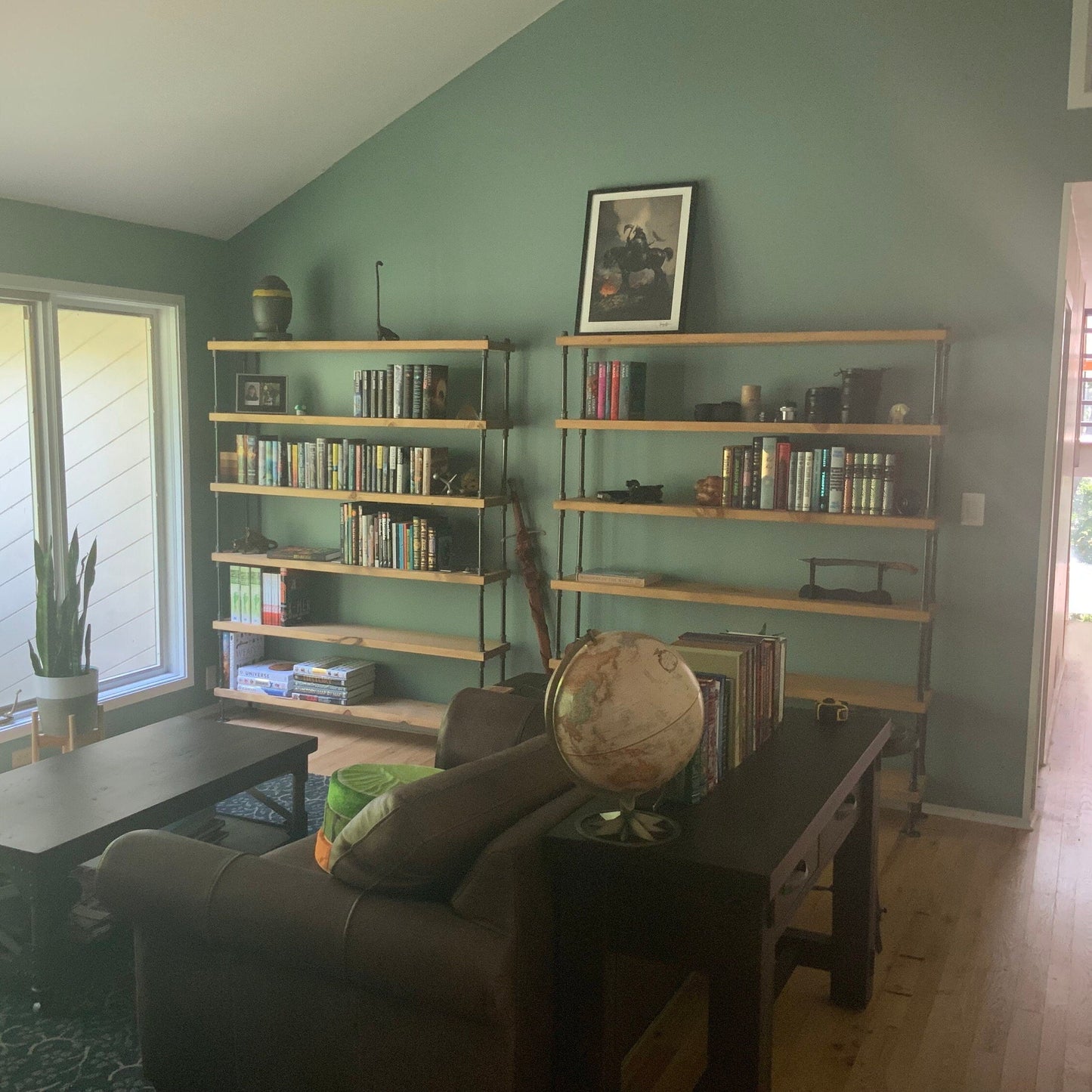 Industrial bookcases in golden oak yellow stain, modern vintage living room with chic rustic decor, JT Industrial Designs