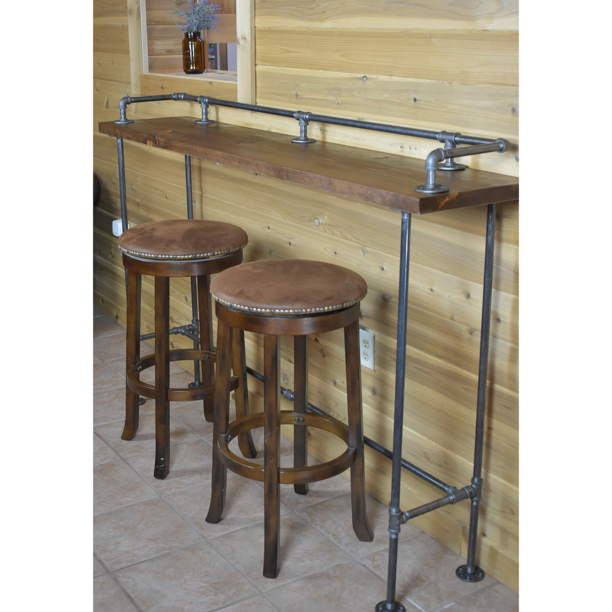Industrial Farmhouse Tall Breakfast Bar Wood Table with Iron Pipe Drink